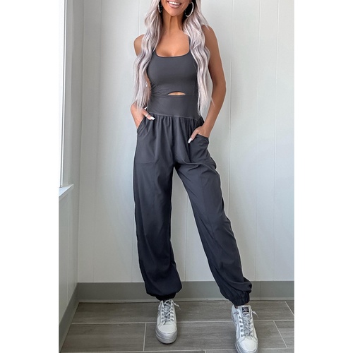 Carbon Grey Back Crossed Straps Hollow Out Jogger Jumpsuit - L - Main Image