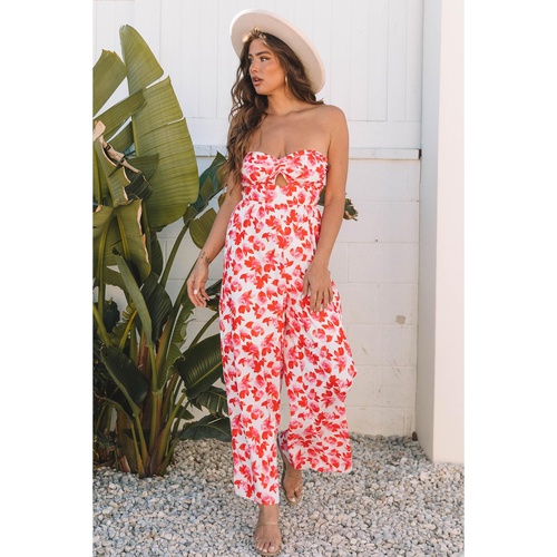 Pink Floral Print Twisted Bandeau Keyhole Pleated Wide Leg Jumpsuit - L - Main Image