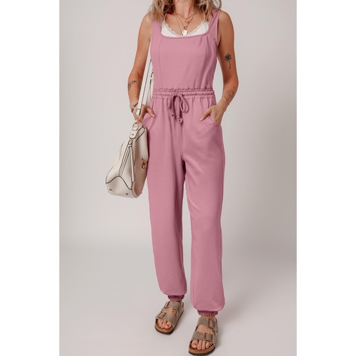 Light Pink Lace-up Elastic Waist Sleeveless Square Neck Jumpsuit - L - Main Image