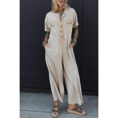 Beige Half Placket Chest Pockets Short Sleeve Wide Leg Jumpsuit - L - Main Image
