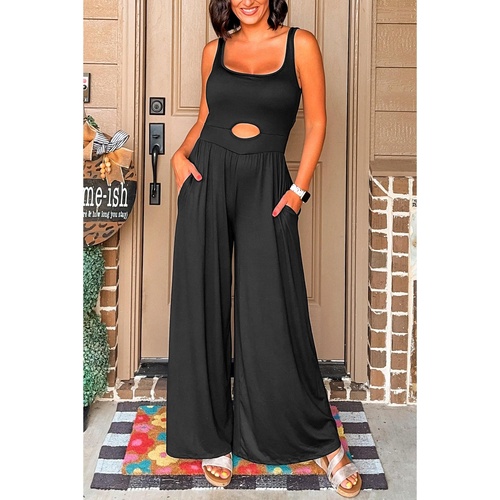 Black Peekaboo Wide Leg Square Neck Sleeveless Jumpsuit - M - Main Image
