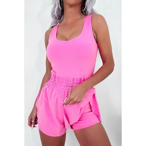 Sachet Pink Plain Sleeveless Loop Drawstring Cinched Waist Romper - L - Main Image