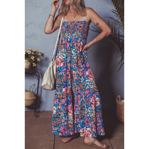 Pink Floral Smocked Bust Spaghetti Straps Wide Leg Jumpsuit - L - Main Image