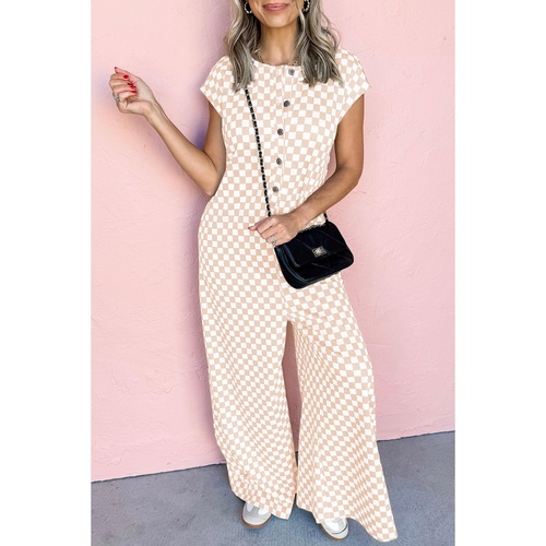 Apricot Checkered Print Buttoned Crew Neck Wide Leg Jumpsuit - L - Main Image