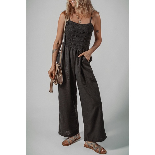 Black Spaghetti Straps Shirred Bodice Pocketed Wide Leg Jumpsuit - M - Main Image
