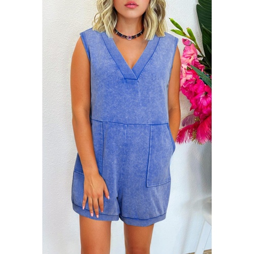 Sky Blue Mineral Wash Pocketed Sleeveless V Neck Loose Romper - L - Main Image