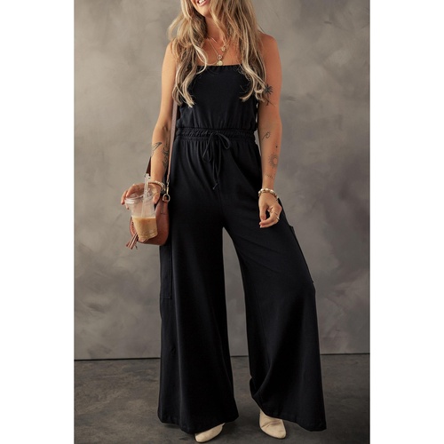 Black Drawstring Wide Leg Cargo Pockets Sleeveless Jumpsuit - XL - Main Image