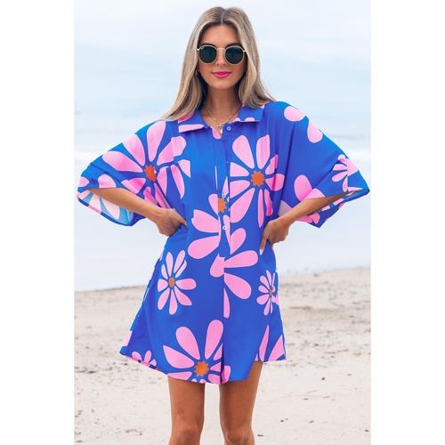 Blue Summer Flower Print Shirt Collar Button Front Loose Romper - XL - Main Image