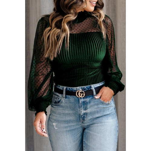 Azura Exchange Green Sheer Dotty Long Sleeve Ribbed Velvet Bodysuit - S - Main Image