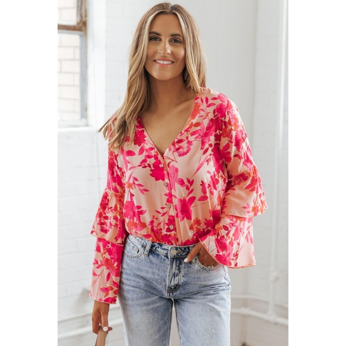 Pink Floral Print Tiered Bell Long Sleeve Buttoned Bodysuit - L - Main Image