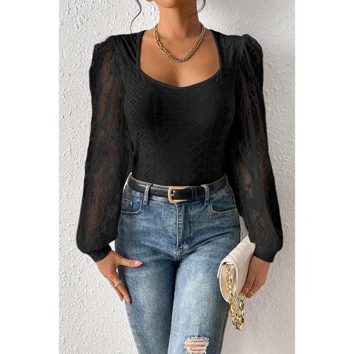 Black Frenchy Contrast Lace Bishop Sleeve Bodysuit - L - Main Image