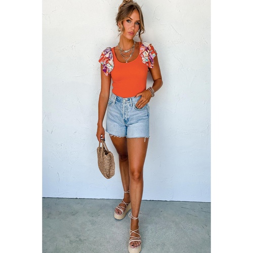Orange Ribbed Knit Tiered Ruffled Sleeve Bodysuit - XL - Main Image
