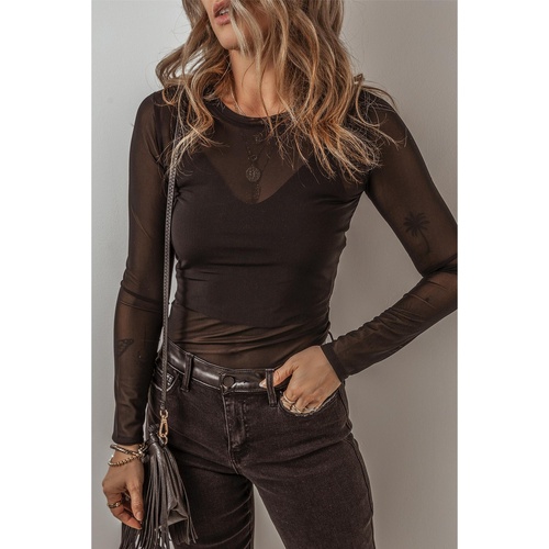 Black Mesh Long Sleeve Slim Fit Bodysuit - L - Main Image