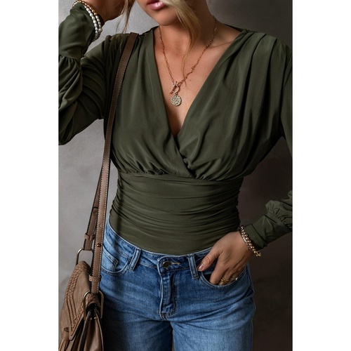 Moss Green Ruched Wrap V Neck Long Sleeve Bodysuit - L - Main Image