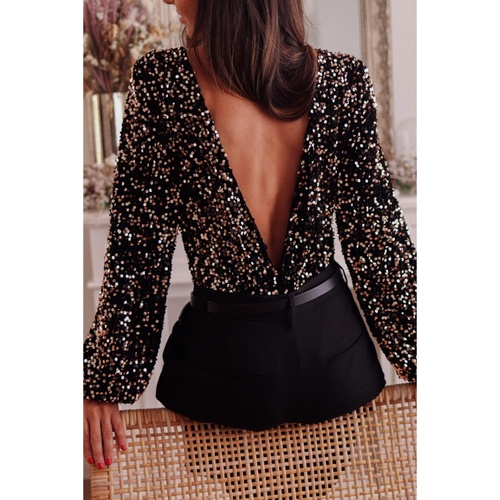 Black Deep V Back Sequin Puff Sleeve Bodysuit - XL - Main Image