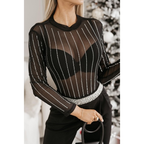 Black Rhinestone Decor Striped Mesh Long Sleeve Bodysuit - L - Main Image