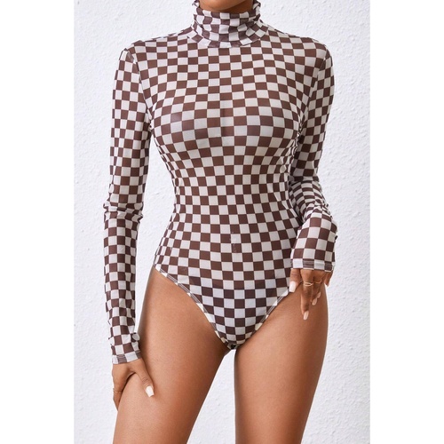 Brown Checkered Printed Long Sleeve High Neck Bodysuit - L - Main Image