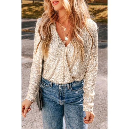 Beige Sequin Long Sleeve Wrap V Neck Bodysuit - L - Main Image