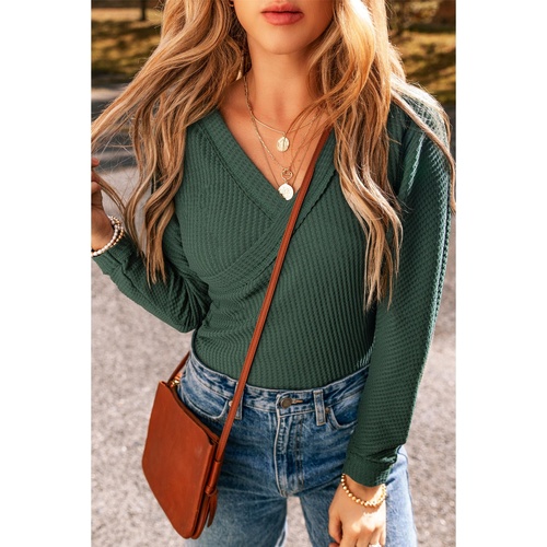 Blackish Green Waffle Knit Slim Fit Wrap V Neck Bodysuit - M - Main Image