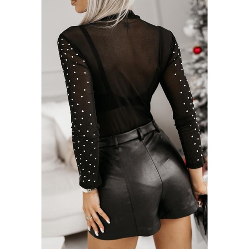 Black Rhinestone Sheer Mesh Long Sleeve Bodysuit - S - Main Image