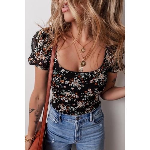 Black Floral Print U Neck Short Puff Sleeve Bodysuit - XL - Main Image