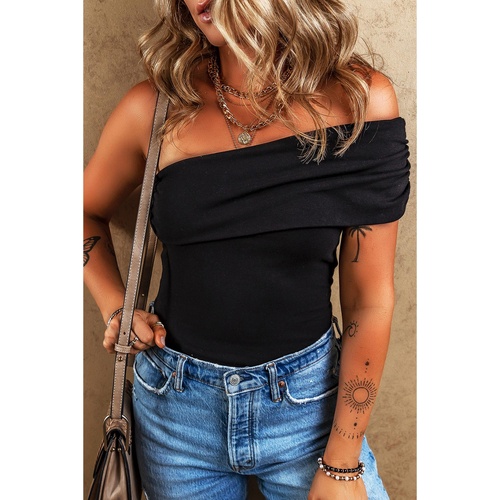 Black Solid Color Pleated One Shoulder Bodysuit - L - Main Image