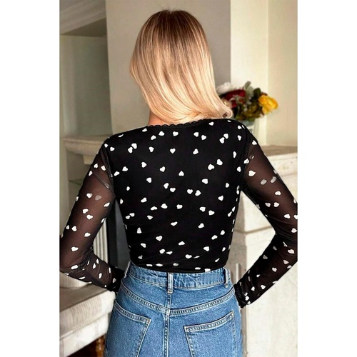 Black Heart Shape Mesh Patchwork Square Neck Bodysuit - L - Main Image