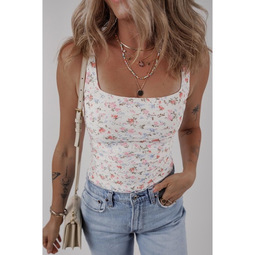 White Floral Textured Square Neck Sleeveless Bodysuit - L - Main Image