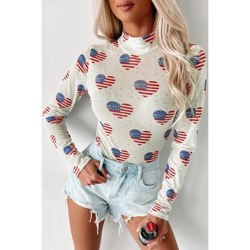 White Americana Glitter Mesh Long Sleeve Bodysuit - M - Main Image