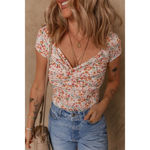 Orange Short Sleeve Floral Ruched Sweetheart Bodysuit - L - Main Image