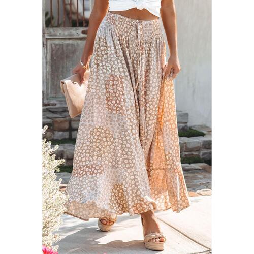 Azura Exchange Flower Print Maxi Skirt with Smocked Waist and Button Slit - S - Main Image
