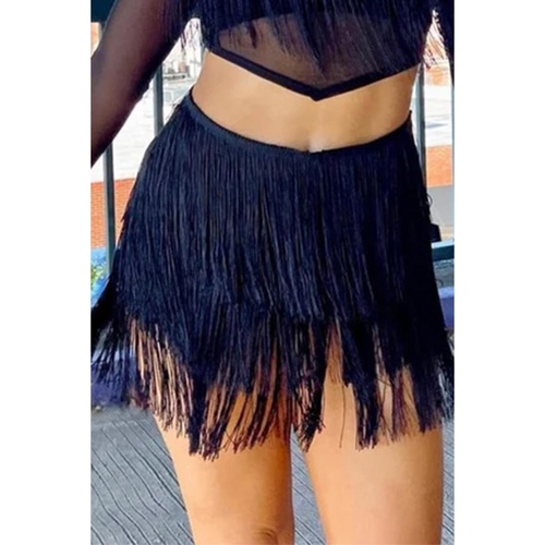 Black Tiered Fringe Trimmed Mini Skirt - L - Main Image