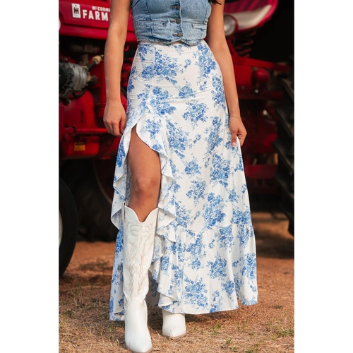 Sky Blue Boho Floral High Waist Ruffle Split Maxi Skirt - L - Main Image