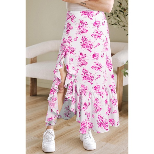 Rose Boho Floral High Waist Ruffle Split Maxi Skirt - M - Main Image