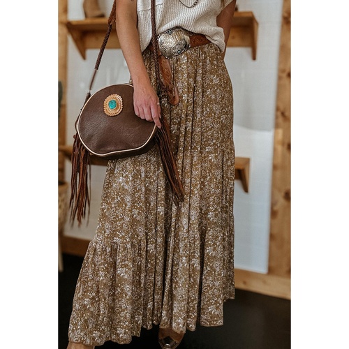 Brown Western Floral Print Ruffled Hem High Waist Loose Maxi Skirt - L - Main Image