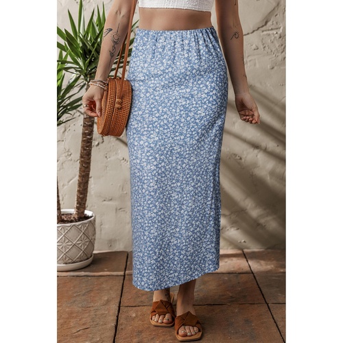 Sky Blue Boho Floral High Waist Long Skirt with Side Split - S - Main Image