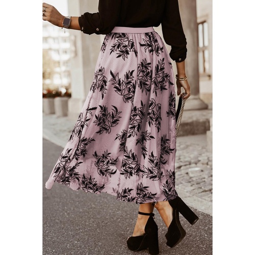 Peach Blossom Floral Leaves Embroidered High Waist Maxi Skirt - L - Main Image