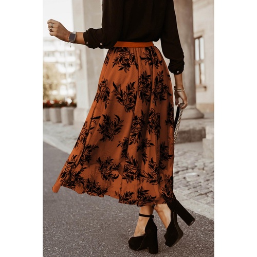 Gold Flame Floral Leaves Embroidered High Waist Maxi Skirt - M - Main Image