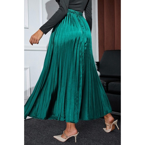Blackish Green Satin Elastic Waist Pleated Maxi Skirt - XL - Main Image
