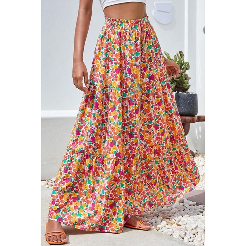Yellow Boho Floral Print Tiered Long Skirt - XL - Main Image