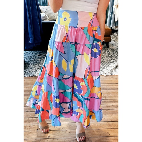 Pink Printed Pocketed High Waist Maxi Skirt - M - Main Image