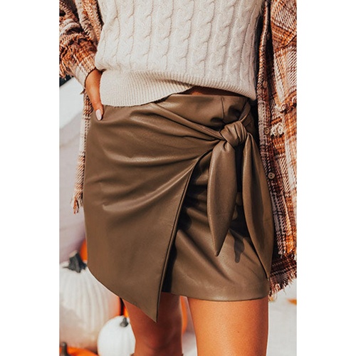 Coffee Bowknot Faux Leather Mini Skirt - S - Main Image