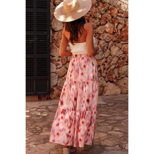 Pink Abstract Watercolor Tie Dye Tiered Maxi Skirt - L - Main Image