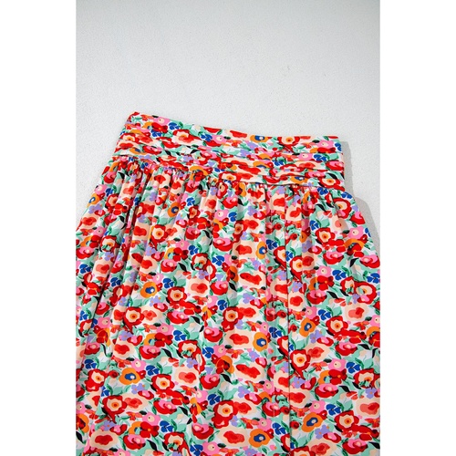 Red Floral Print Wide Waistband Side Slit Maxi Skirt - XL - Main Image
