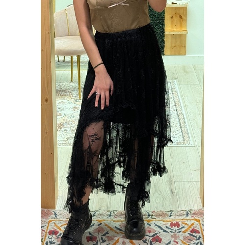 Black Lace Cascading Tiered High Waist Maxi Skirt - L - Main Image