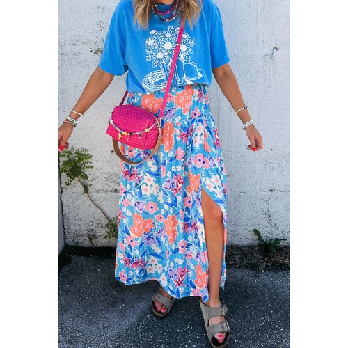 Sky Blue Floral Printed High Waist Split Wrap Long Skirt - L - Main Image