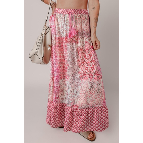 Red Boho Pattern Print Tassel Drawstring High Waist Maxi Dress - L - Main Image