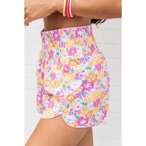 Pink Boho Floral Shirred High Waist Casual Shorts - L - Main Image