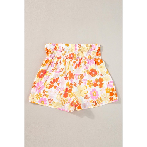 Orange Boho Floral Shirred High Waist Casual Shorts - L - Main Image