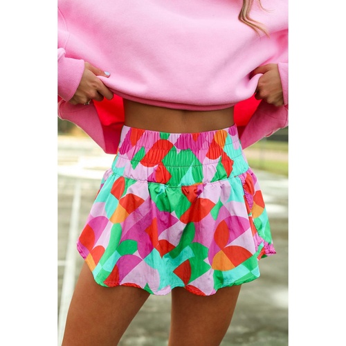 Green Abstract Print Smock Waist Casual Shorts - XL - Main Image